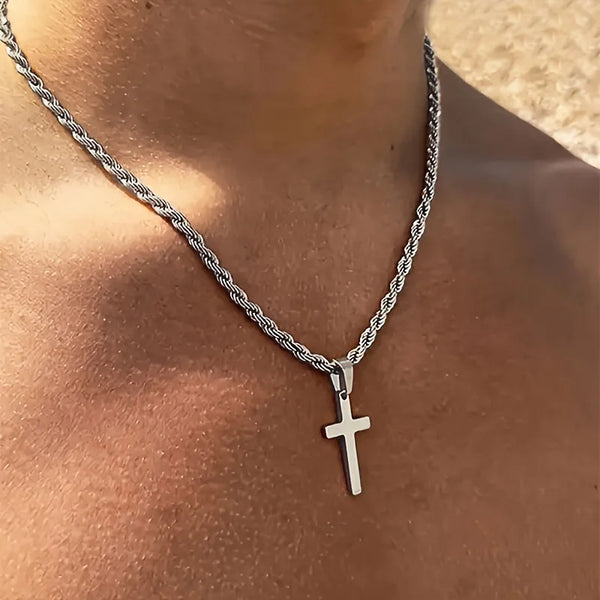 Men's stainless steel cross necklace and wooden rosary bracelet combo set