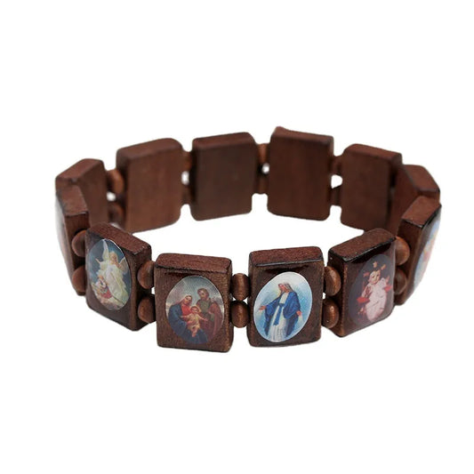 Sacred Heart wooden rosary bracelet with cross charm — natural wood beads in 4 colors, Catholic prayer gift for baptism, confirmation, quinceañera