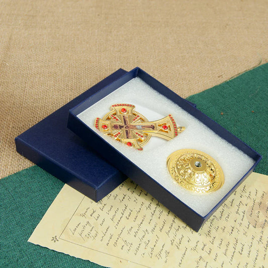 HT Religious Orthodox Crucifix Cross – Jesus Icon Metal Statue with Red Gemstones for Church, Home, or Car Decor