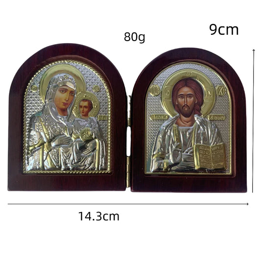 Jesus Wood Icon with Double Virgin Mary Statues