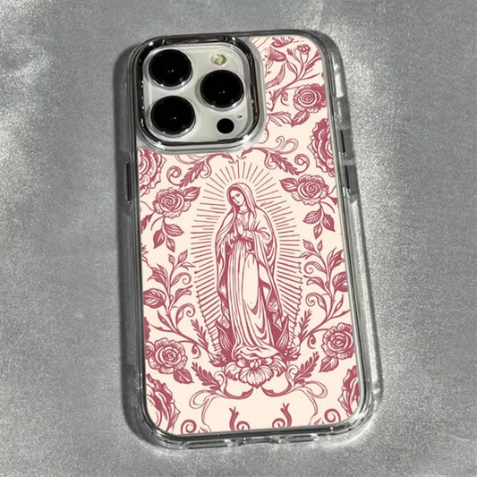 Our Lady of Guadalupe iPhone case with hand-illustrated roses — clear TPU+PC tough case, Catholic Marian devotion gift for confirmation, quinceañera, baptism (fits iPhone 11 to 17 Pro Max)
